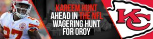 Rookie running back for the Kansas City Chiefs Kareem Hunt, best odds to win National Football League Offensive Rookie of the Year Award